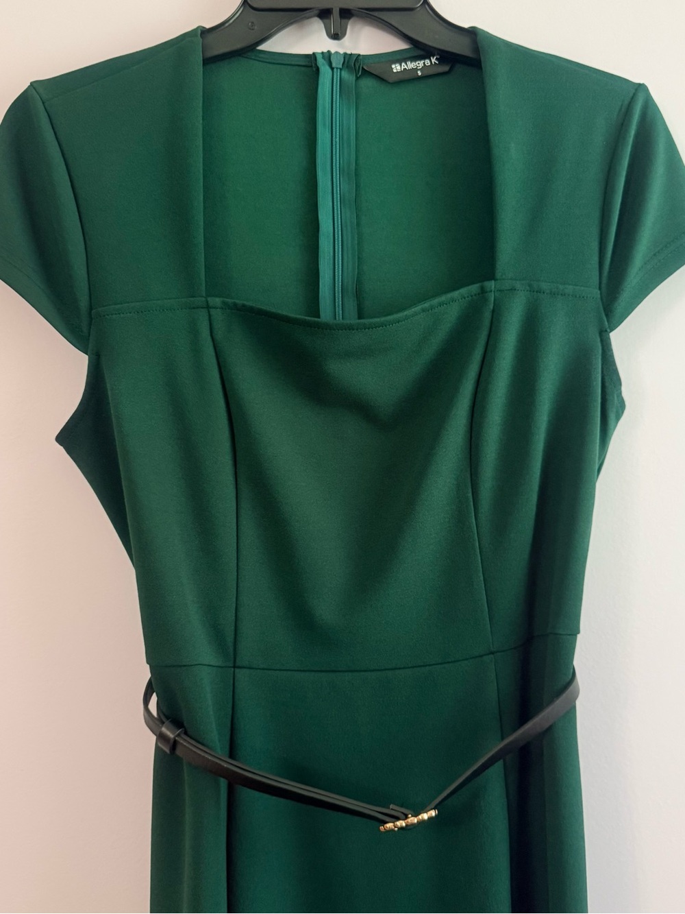 Allegra K Dark Green Square Neck Midi Dress with Slim Belt